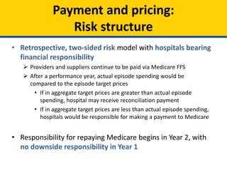 • Retrospective, two-sided risk model with hospitals bearing
financial responsibility
 Providers and suppliers continue to be paid via Medicare FFS
 After a performance year, actual episode spending would be
compared to the episode target prices
• If in aggregate target prices are greater than actual episode
spending, hospital may receive reconciliation payment
• If in aggregate target prices are less than actual episode spending,
hospitals would be responsible for making a payment to Medicare
• Responsibility for repaying Medicare begins in Year 2, with
no downside responsibility in Year 1
Payment and pricing:
Risk structure
 