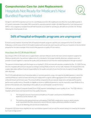 On April 1, the CMS Comprehensive Care for Joint Replacement (CCJR) model went into effect for nearly 800 hospitals in
67 markets nationwide. Essentially, CMS converted its voluntary payment model—Bundled Payment for Care Improvement
(BPCI)—into a regulatory mandate that will hold hospitals accountable for spending by all healthcare providers for 90 days
following the initial episode of care.
A recent survey, however, found that 56% of hospital orthopedic programs said they are unprepared for the CCJR model.1
Following is a brief review of the CCJR model, its potential financial risks (and rewards) and how your hospital can become better
prepared for this latest example of the trend to link payments to quality-of-care metrics.
How does the CCJR Model Work?
According to CMS, CCJR model aims to support better and more efficient care for the most common inpatient surgeries for
Medicare beneficiaries: hip and knee replacements. It is intended to “encourage hospitals, physicians, and post-acute care
providers to work together to improve the quality and coordination of care from the initial hospitalization through recovery.”2
The payment initiative begins with discharges occurring April 1, 2016 and ends with episodes completed by Dec. 31, 2020. During
this time, hospitals will continue to be paid according to existing Medicare fee-for-service rules. However, the hospital where the
surgery takes place will bear financial responsibility for the quality and costs of care from the time of surgery through 90 days
after discharge.
The CCJR model will determine financial penalties or incentive payments using a retrospective bundled payment, in which the
submitted Medicare claims for lower extremity joint replacement surgeries will be aggregated to form the episode payment
at the end of each performance year. This amount will be compared to the pre-episode target price and adjusted for pay-for-
performance quality metrics. Hospitals are eligible to receive an additional payment or may be required to repay Medicare for a
portion of the episode costs, depending on the quality of care and hospitals’ cost performance.3
CMS will use its updated Composite Quality Score (CQS) payment methodology to assess quality of care. The CQS reflects a
hospital’s performance and improvement on two quality measures:
1.	The Hospital Consumer Assessment of Healthcare Providers and Systems (HCAHPS) patient
experience survey measure, and
2.	The total hip arthroplasty/total knee arthroplasty (THA/TKA) complications measure, which includes
acute myocardial infarction, pneumonia, wound infection, sepsis, pulmonary embolism as well as
surgical site bleeding and mechanical complications.
A hospital’s CQS determines eligibility for any reconciliation payment and can vary the amount owing to or owed by the hospital
by 1.5 percentage points.4
Comprehensive Care for Joint Replacement:
Hospitals Not Ready for Medicare’s New
Bundled Payment Model
56% of hospital orthopedic programs are unprepared
 