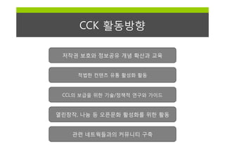 CCK 활동방향

 저작권 보호와 정보공유 개념 확산과 교육


     적법한 컨텐츠 유통 활성화 활동



 CCL의 보급을 위한 기술/정책적 연구와 가이드



열린창작, 나눔 등 오픈문화 활성화를 위한 활동


   관련 네트웍들과의 커뮤니티 구축
 