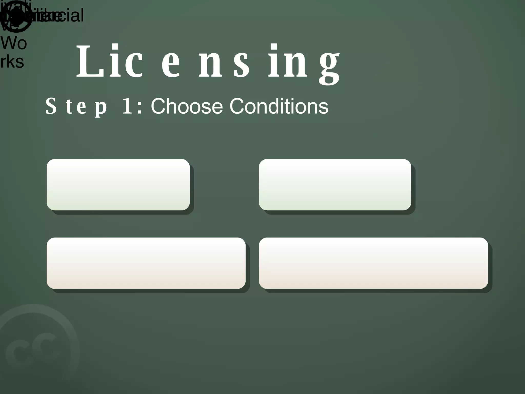 Licensing Step 1:  Choose Conditions Attribution Non-Commercial No Derivative Works Share Alike 