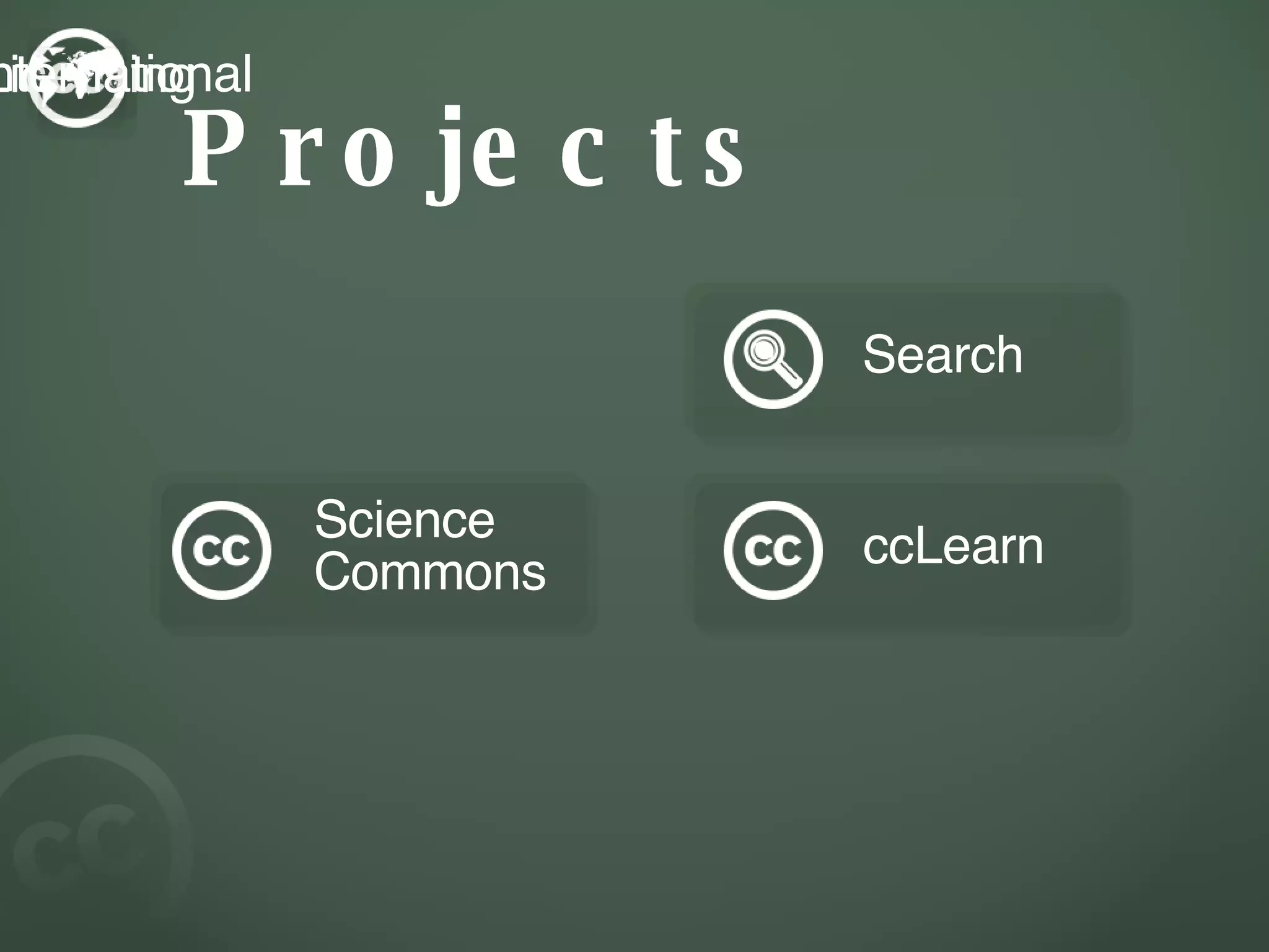 Projects Search Science  Commons ccLearn Licensing ccInternational 
