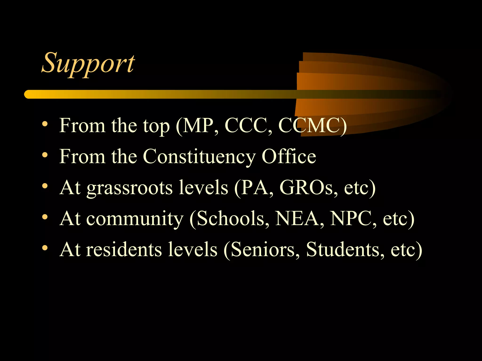 Support From the top (MP, CCC, CCMC) From the Constituency Office At grassroots levels (PA, GROs, etc) At community (Schools, NEA, NPC, etc) At residents levels (Seniors, Students, etc) 
