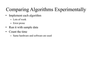 Comparing Algorithms Experimentally
• Implement each algorithm
– Lots of work
– Error prone
• Run it with sample data
• Count the time
– Same hardware and software are used
 