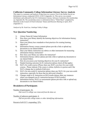   	
   Page 4 of 32	
  
California Community College Information Literacy Survey Analysis
This report is a summary and ana...
