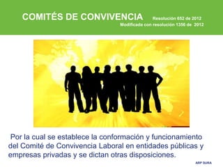 ARP SURA
COMITÉS DE CONVIVENCIA Resolución 652 de 2012
Modificada con resolución 1356 de 2012
Por la cual se establece la conformación y funcionamiento
del Comité de Convivencia Laboral en entidades públicas y
empresas privadas y se dictan otras disposiciones.
 