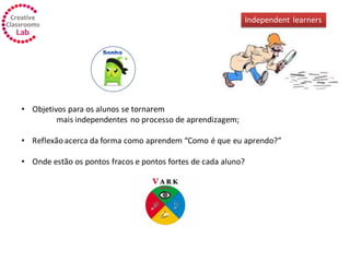 Independent learners
• Objetivos para os alunos se tornarem
mais independentes no processo de aprendizagem;
• Reflexão acerca da forma como aprendem “Como é que eu aprendo?”
• Onde estão os pontos fracos e pontos fortes de cada aluno?
 