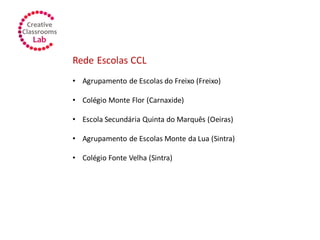 Rede Escolas CCL
• Agrupamento de Escolas do Freixo (Freixo)
• Colégio Monte Flor (Carnaxide)
• Escola Secundária Quinta do Marquês (Oeiras)
• Agrupamento de Escolas Monte da Lua (Sintra)
• Colégio Fonte Velha (Sintra)
 