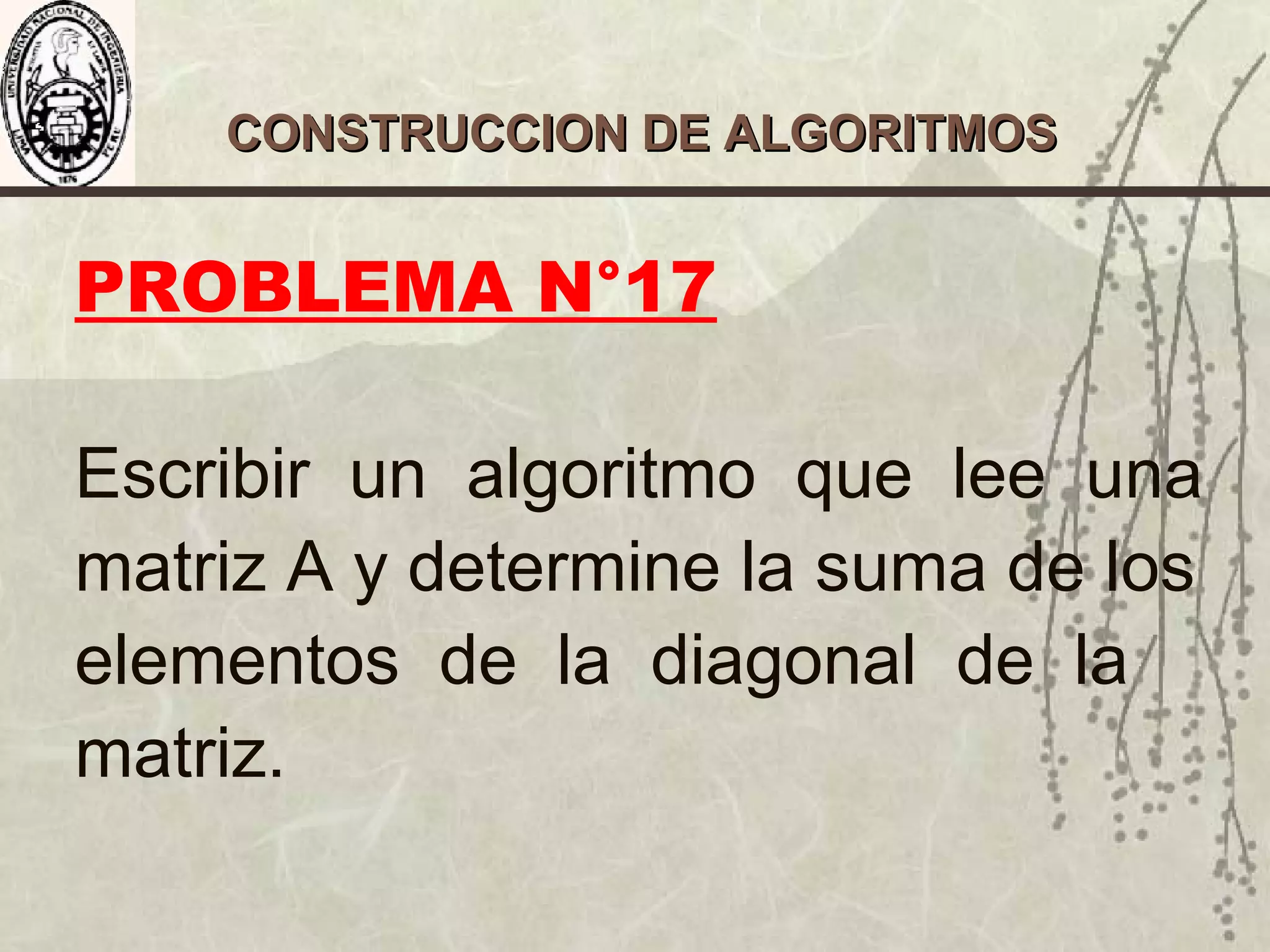 CONSTRUCCION DE ALGORITMOSCONSTRUCCION DE ALGORITMOS
PROBLEMA N°17
Escribir un algoritmo que lee una
matriz A y determine la suma de los
elementos de la diagonal de la
matriz.
 