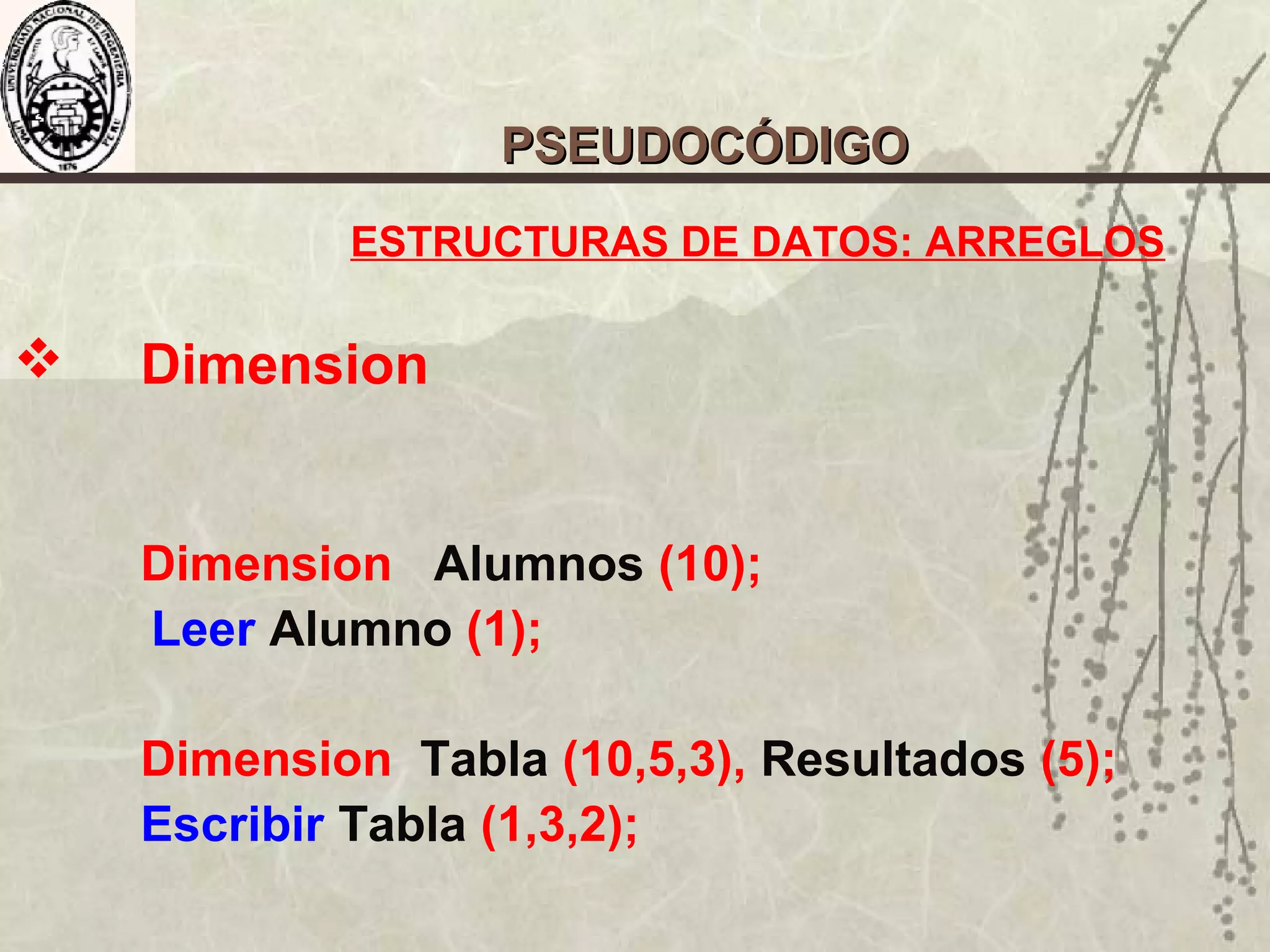 ESTRUCTURAS DE DATOS: ARREGLOS
 Dimension
Dimension Alumnos (10);
Leer Alumno (1);
Dimension Tabla (10,5,3), Resultados (5);
Escribir Tabla (1,3,2);
PSEUDOCÓDIGOPSEUDOCÓDIGO
 