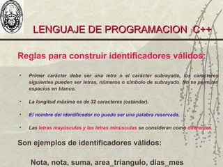 LENGUAJE DE PROGRAMACION C++LENGUAJE DE PROGRAMACION C++
Reglas para construir identificadores válidos:
• Primer carácter debe ser una letra o el carácter subrayado, los caracteres
siguientes pueden ser letras, números o símbolo de subrayado. No se permiten
espacios en blanco.
• La longitud máxima es de 32 caracteres (estándar).
• El nombre del identificador no puede ser una palabra reservada.
• Las letras mayúsculas y las letras minúsculas se consideran como diferentes.
Son ejemplos de identificadores válidos:
Nota, nota, suma, area_triangulo, dias_mes
 