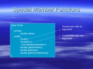 Special Member Functions

class Circle
                                      Constructor with no
{
                                      argument
   private:
         double radius;
   public:                            Constructor with one
         Circle();                    argument
         Circle(int r);
          void setRadius(double r);
         double getDiameter();
         double getArea();
         double getCircumference();
};
 