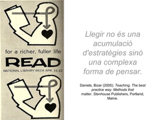 Llegir no és una
acumulació
d'estratègies sinó
una complexa
forma de pensar.
Daniels, Bizar (2005): Teaching. The best
pra...