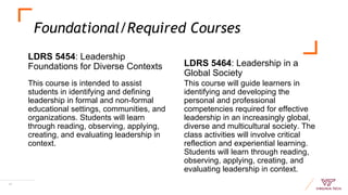 Foundational/Required Courses
17
LDRS 5454: Leadership
Foundations for Diverse Contexts
This course is intended to assist
students in identifying and defining
leadership in formal and non-formal
educational settings, communities, and
organizations. Students will learn
through reading, observing, applying,
creating, and evaluating leadership in
context.
LDRS 5464: Leadership in a
Global Society
This course will guide learners in
identifying and developing the
personal and professional
competencies required for effective
leadership in an increasingly global,
diverse and multicultural society. The
class activities will involve critical
reflection and experiential learning.
Students will learn through reading,
observing, applying, creating, and
evaluating leadership in context.
 