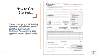 How to Get
Started...
21
Take a class (e.g., LDRS 5454)
to confirm your interest and/or
complete the Graduate
Certificate Application to gain
approval for your plan of study.
 