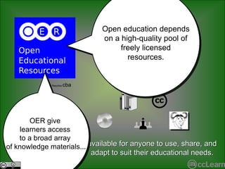 available for anyone to use, share, and adapt to suit their educational needs. Michael Reschke  cba Open education depends on a high-quality pool of freely licensed resources. OER give  learners access  to a broad array  of knowledge materials... 