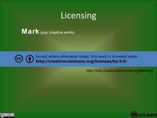 Licensing Mark  your creative works http://wiki.creativecommons.org/Marking 