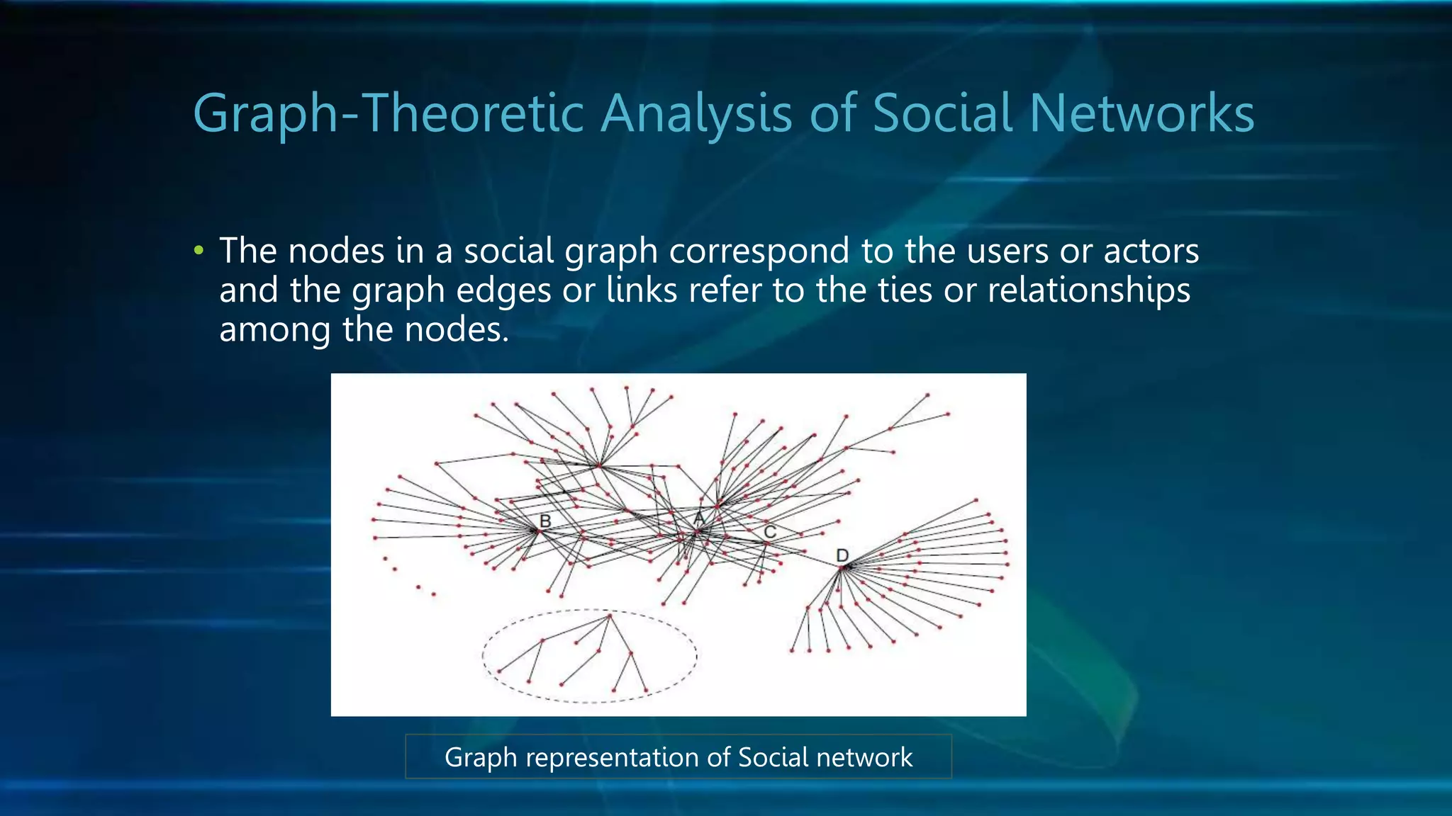 Graph-Theoretic Analysis of Social Networks
• The nodes in a social graph correspond to the users or actors
and the graph edges or links refer to the ties or relationships
among the nodes.
Graph representation of Social network
 