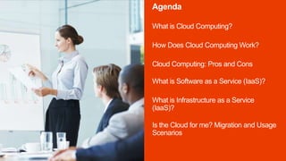 Agenda
What is Cloud Computing?
How Does Cloud Computing Work?
Cloud Computing: Pros and Cons
What is Software as a Service (IaaS)?
What is Infrastructure as a Service
(IaaS)?
Is the Cloud for me? Migration and Usage
Scenarios
 