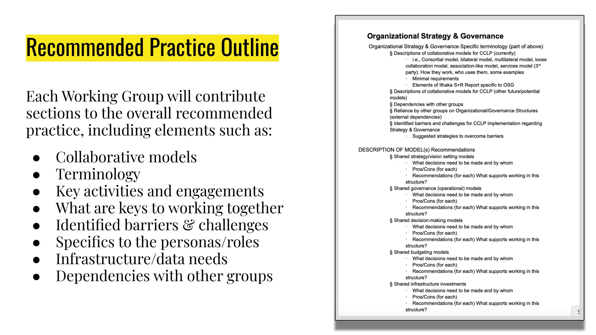 Recommended Practice Outline
Each Working Group will contribute
sections to the overall recommended
practice, including elements such as:
● Collaborative models
● Terminology
● Key activities and engagements
● What are keys to working together
● Identiﬁed barriers & challenges
● Speciﬁcs to the personas/roles
● Infrastructure/data needs
● Dependencies with other groups
 