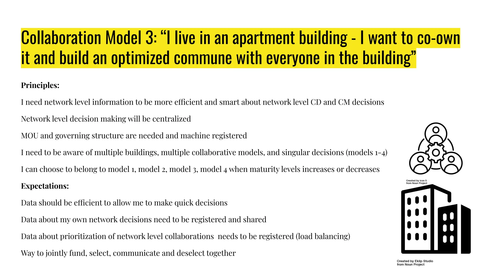 Collaboration Model 3: “I live in an apartment building - I want to co-own
it and build an optimized commune with everyone in the building”
Principles:
I need network level information to be more efficient and smart about network level CD and CM decisions
Network level decision making will be centralized
MOU and governing structure are needed and machine registered
I need to be aware of multiple buildings, multiple collaborative models, and singular decisions (models 1-4)
I can choose to belong to model 1, model 2, model 3, model 4 when maturity levels increases or decreases
Expectations:
Data should be efficient to allow me to make quick decisions
Data about my own network decisions need to be registered and shared
Data about prioritization of network level collaborations needs to be registered (load balancing)
Way to jointly fund, select, communicate and deselect together
 