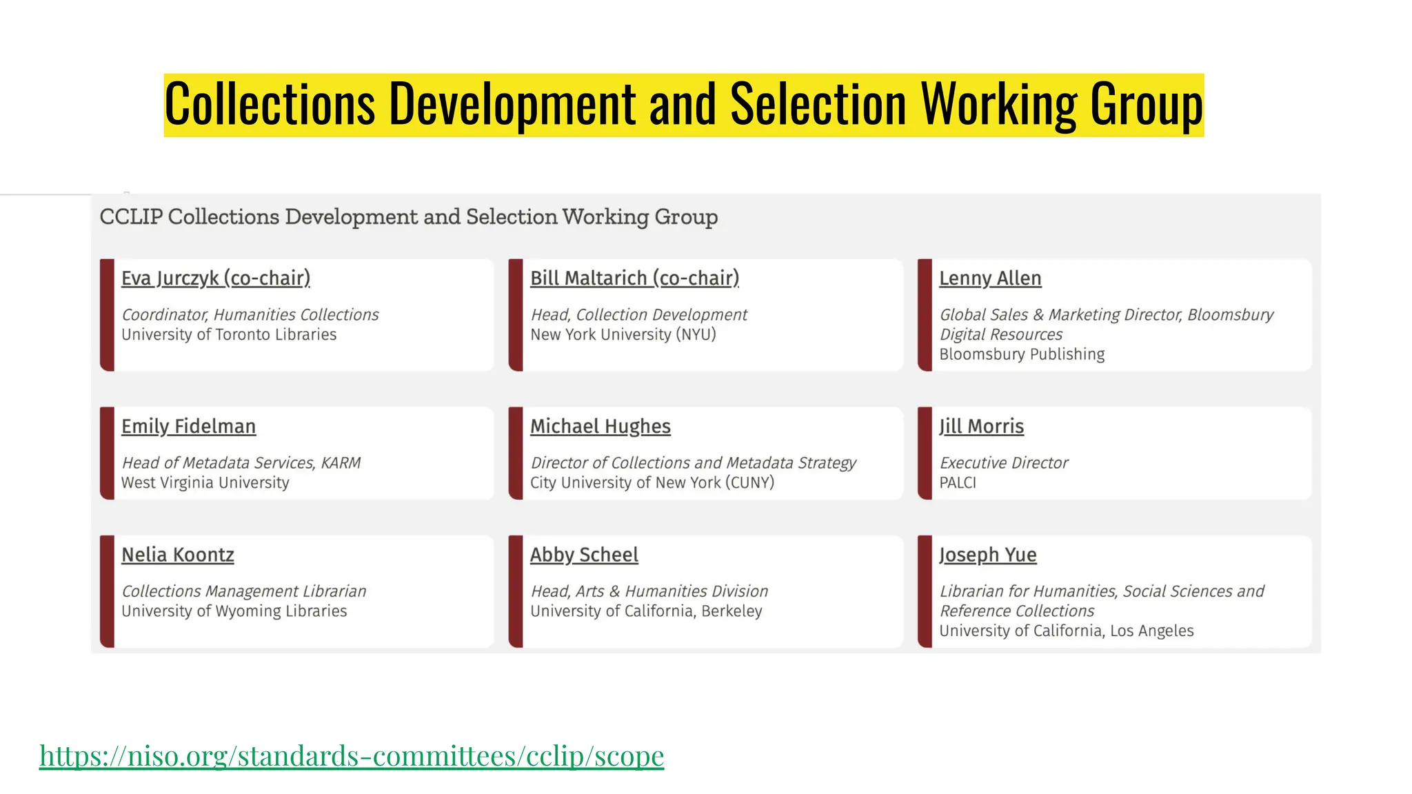 Collections Development and Selection Working Group
https://niso.org/standards-committees/cclip/scope
 
