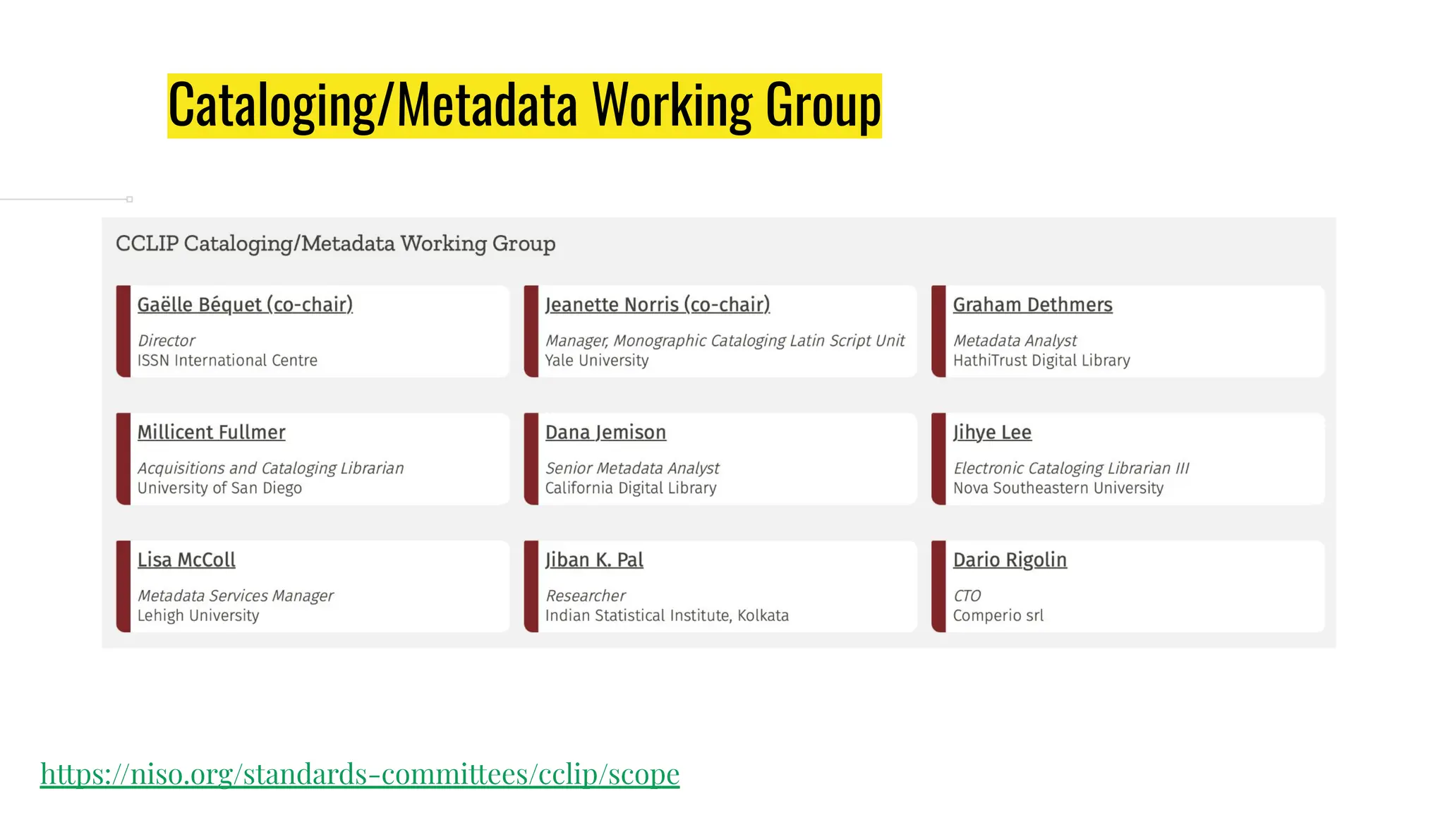Cataloging/Metadata Working Group
https://niso.org/standards-committees/cclip/scope
 