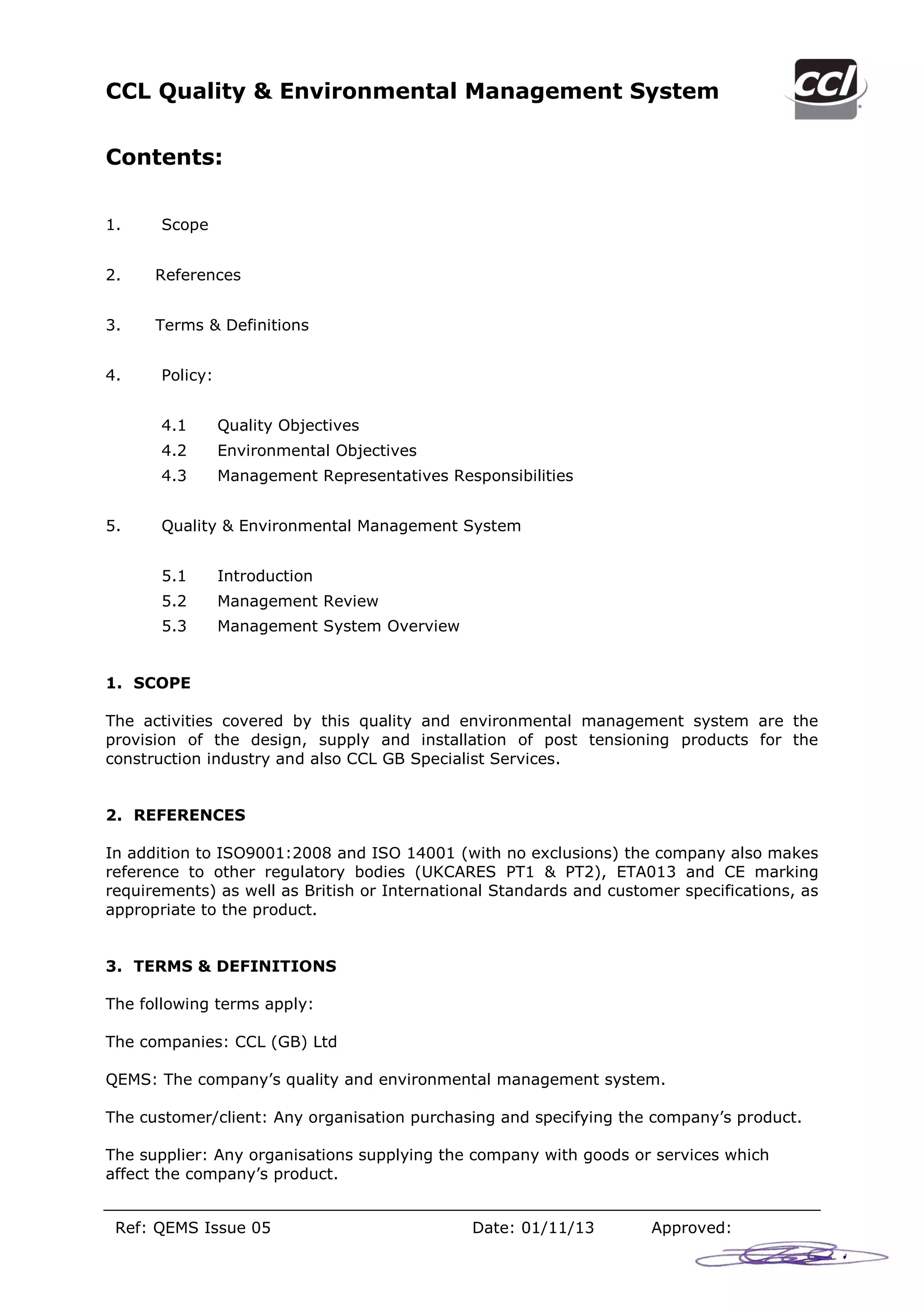 Ccl quality environmental management system issue 05 dated 011113 for ...