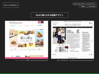 CREATOR’S CAREER LOUNGE VOL.6 - WEB DESIGN FES 2014 -
エディトリアルデザイン
マイ・フェイバリット関西 http://www.my-fav.jp/feature/72/ NET-A-PORTER.COM http://www.net-a-porter.com/magazine/250/1
Webに輸入される誌面デザイン
 