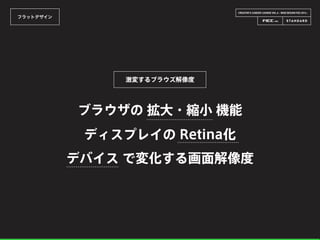 CREATOR’S CAREER LOUNGE VOL.6 - WEB DESIGN FES 2014 -
フラットデザイン
ブラウザの 拡大・縮小 機能
ディスプレイの Retina化
デバイス で変化する画面解像度
激変するブラウズ解像度
 