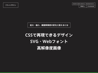 CREATOR’S CAREER LOUNGE VOL.6 - WEB DESIGN FES 2014 -
フラットデザイン
CSSで再現できるデザイン
SVG・Webフォント
拡大・縮小、画面解像度の変化に耐えるには
高解像度画像
 