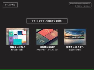 CREATOR’S CAREER LOUNGE VOL.6 - WEB DESIGN FES 2014 -
フラットデザイン
情報量は少なく
多ければ細かく分割
フラットデザインを成立させるには？
操作性は明確に 写真を大きく使う
余白は大きく大胆にボタンは「ボタン」になっているか？
 