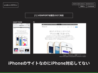CREATOR’S CAREER LOUNGE VOL.6 - WEB DESIGN FES 2014 -
レスポンシブデザイン
[1] VIEWPORTを固定させて対応
iPhoneのサイトなのにiPhone対応してない
Apple - iP...