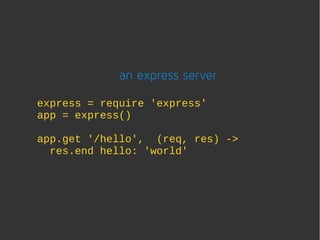 an express server

express = require 'express'
app = express()

app.get '/hello', (req, res) ->
  res.end hello: 'world'
 