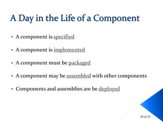    A component is specified

   A component is implemented

   A component must be packaged

   A component may be assembled with other components

   Components and assemblies are be deployed




                                                   20 of 25
 