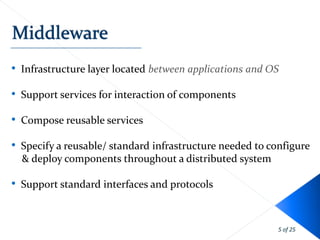 • Infrastructure layer located between applications and OS

• Support services for interaction of components

• Compose reusable services

• Specify a reusable/ standard infrastructure needed to configure
  & deploy components throughout a distributed system

• Support standard interfaces and protocols


                                                          5 of 25
 