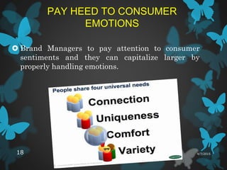PAY HEED TO CONSUMER
EMOTIONS
 Brand Managers to pay attention to consumer
sentiments and they can capitalize larger by
properly handling emotions.
4/7/201518
 