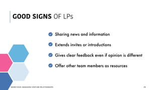 29
Sharing news and information
Extends invites or introductions
Gives clear feedback even if opinion is different
Offer other team members as resources
GOOD SIGNS OF LPs
MONEY2020: MANAGING VENTURE RELATIONSHIPS
 
