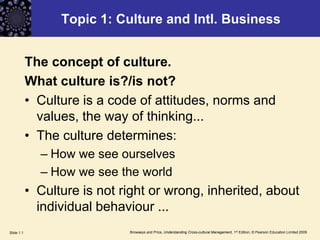 Browaeys and Price, Understanding Cross-cultural Management, 1st Edition, © Pearson Education Limited 2009Slide 1.1
Topic 1: Culture and Intl. Business
The concept of culture.
What culture is?/is not?
• Culture is a code of attitudes, norms and
values, the way of thinking...
• The culture determines:
– How we see ourselves
– How we see the world
• Culture is not right or wrong, inherited, about
individual behaviour ...
 