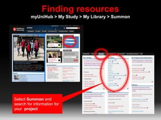 Finding resources 
myUniHub > My Study > My Library > Summon 
Select Summon and 
search for information for 
your project 
 