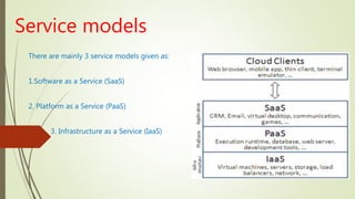 Service models
There are mainly 3 service models given as:
1.Software as a Service (SaaS)
2. Platform as a Service (PaaS)
3. Infrastructure as a Service (IaaS)
 