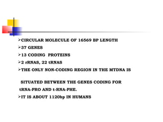 CIRCULAR MOLECULE OF 16569 BP LENGTH
37 GENES
13 CODING PROTEINS
2 rRNAS, 22 tRNAS
THE ONLY NON-CODING REGION IN THE MTDNA IS
SITUATED BETWEEN THE GENES CODING FOR
tRNA-PRO AND t-RNA-PHE.
IT IS ABOUT 1120bp IN HUMANS
 