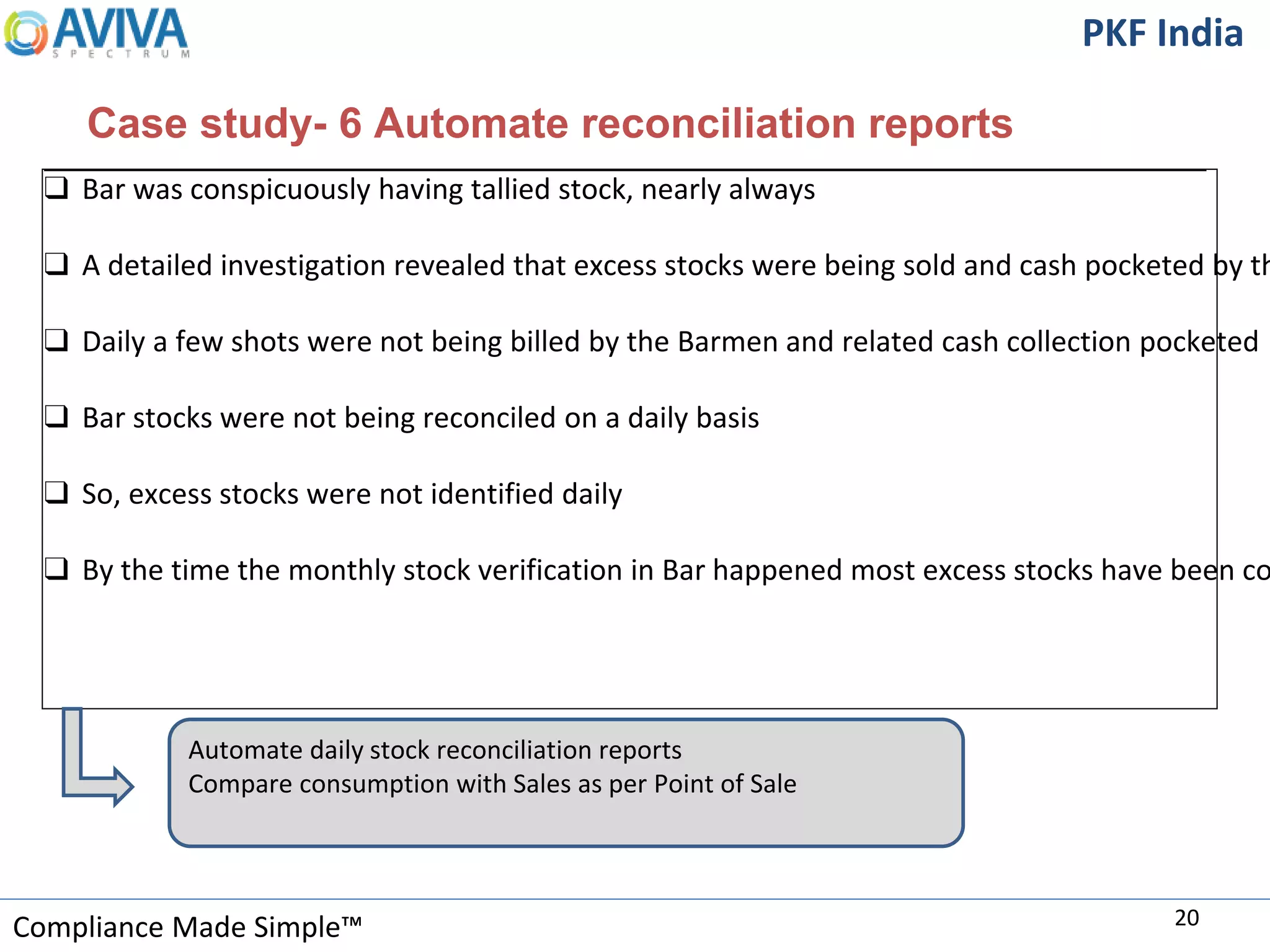 Compliance Made Simple™
PKF India
Case study- 6 Automate reconciliation reports
20
❑ Bar was conspicuously having tallied stock, nearly always
❑ A detailed investigation revealed that excess stocks were being sold and cash pocketed by th
❑ Daily a few shots were not being billed by the Barmen and related cash collection pocketed
❑ Bar stocks were not being reconciled on a daily basis
❑ So, excess stocks were not identified daily
❑ By the time the monthly stock verification in Bar happened most excess stocks have been co
Automate daily stock reconciliation reports
Compare consumption with Sales as per Point of Sale
 