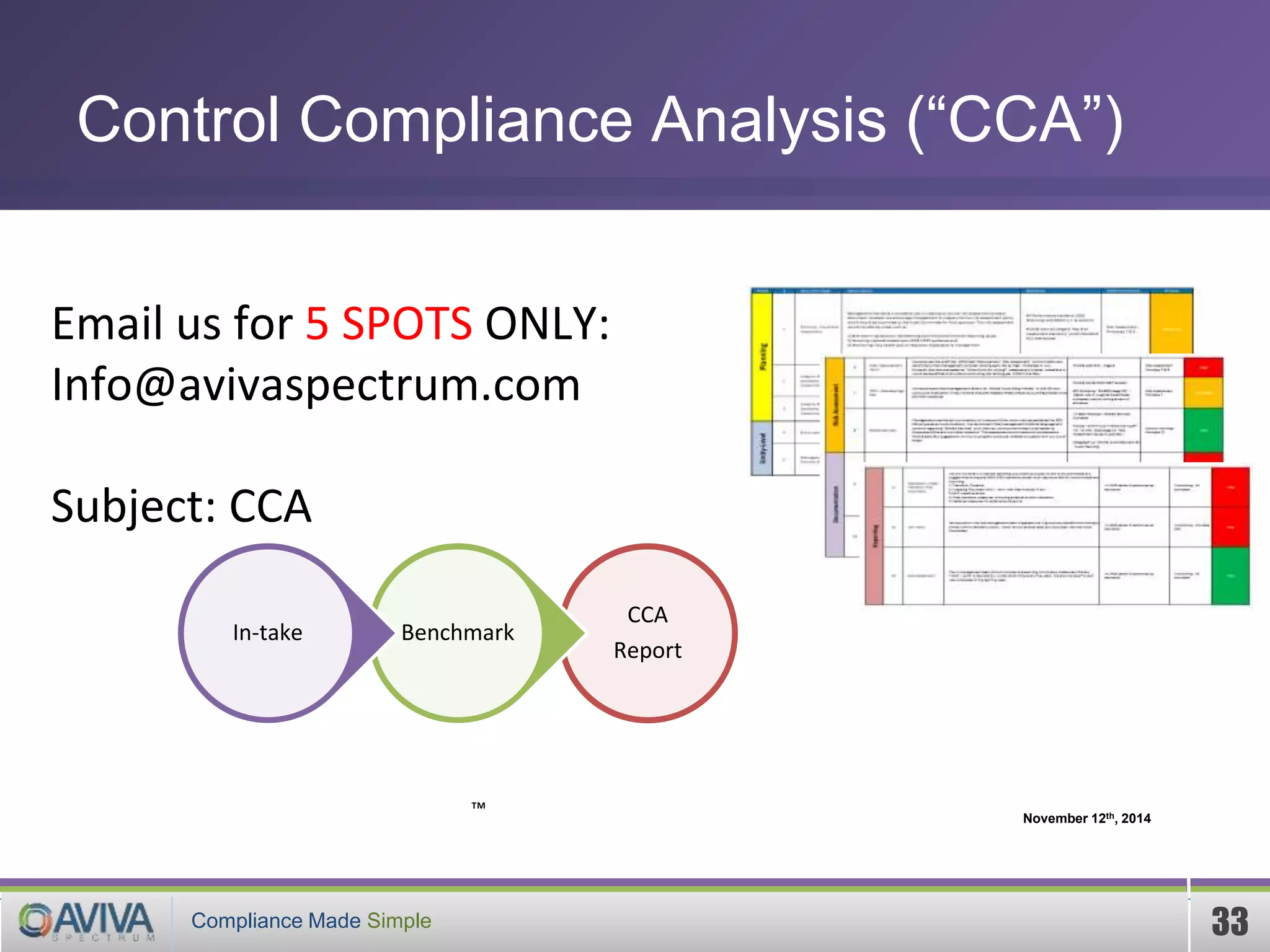 Compliance Made Simple™
PKF India
33Compliance Made Simple
Control Compliance Analysis (“CCA”)
Email us for 5 SPOTS ONLY:
Info@avivaspectrum.com
Subject: CCA
CCA
Report
BenchmarkIn-take
™ November 12th, 2014
 
