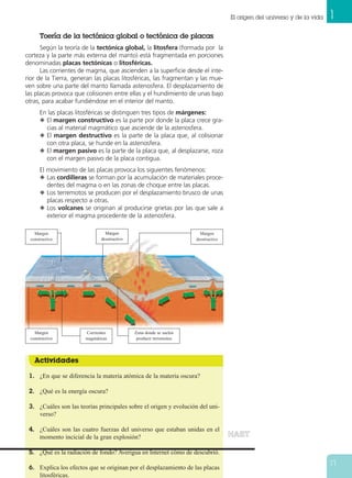 1El origen del universo y de la vida
17
Toería de la tectónica global o tectónica de placas
Según la teoría de la tectónica global, la litosfera (formada por la
corteza y la parte más externa del manto) está fragmentada en porciones
denominadas placas tectónicas o litosféricas.
Las corrientes de magma, que ascienden a la superficie desde el inte-
rior de la Tierra, generan las placas litosféricas, las fragmentan y las mue-
ven sobre una parte del manto llamada astenosfera. El desplazamiento de
las placas provoca que colisionen entre ellas y el hundimiento de unas bajo
otras, para acabar fundiéndose en el interior del manto.
En las placas litosféricas se distinguen tres tipos de márgenes:
N El margen constructivo es la parte por donde la placa crece gra-
cias al material magmático que asciende de la astenosfera.
N El margen destructivo es la parte de la placa que, al colisionar
con otra placa, se hunde en la astenosfera.
N El margen pasivo es la parte de la placa que, al desplazarse, roza
con el margen pasivo de la placa contigua.
El movimiento de las placas provoca los siguientes fenómenos:
N Las cordilleras se forman por la acumulación de materiales proce-
dentes del magma o en las zonas de choque entre las placas.
N Los terremotos se producen por el desplazamiento brusco de unas
placas respecto a otras.
N Los volcanes se originan al producirse grietas por las que sale a
exterior el magma procedente de la astenosfera.
Actividades
1. ¿En que se diferencia la materia atómica de la materia oscura?
2. ¿Qué es la energía oscura?
3. ¿Cuáles son las teorías principales sobre el origen y evolución del uni-
verso?
4. ¿Cuáles son las cuatro fuerzas del universo que estaban unidas en el
momento incicial de la gran explosión?
5. ¿Qué es la radiación de fondo? Averigua en Internet cómo de descubrió.
6. Explica los efectos que se originan por el desplazamiento de las placas
litosféricas.
Margen
constructivo
Margen
constructivo
Corrientes
magmáticas
Zona donde se suelen
producir terremotos
Margen
desstructivo
Margen
desstructivo
HHAASSTT
 