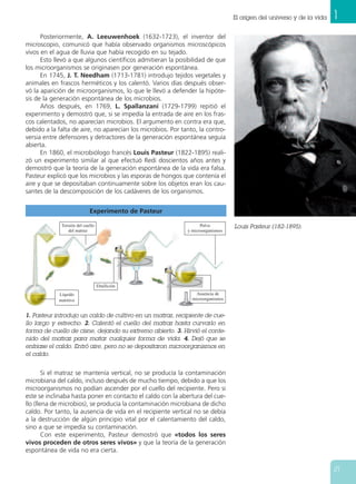 1El origen del universo y de la vida
21
Experimento de Pasteur
Posteriormente, A. Leeuwenhoek (1632-1723), el inventor del
microscopio, comunicó que había observado organismos microscópicos
vivos en el agua de lluvia que había recogido en su tejado.
Esto llevó a que algunos científicos admitieran la posibilidad de que
los microorganismos se originasen por generación espontánea.
En 1745, J. T. Needham (1713-1781) introdujo tejidos vegetales y
animales en frascos herméticos y los calentó. Varios días después obser-
vó la aparición de microorganismos, lo que le llevó a defender la hipóte-
sis de la generación espontánea de los microbios.
Años después, en 1769, L. Spallanzani (1729-1799) repitió el
experimento y demostró que, si se impedía la entrada de aire en los fras-
cos calentados, no aparecían microbios. El argumento en contra era que,
debido a la falta de aire, no aparecían los microbios. Por tanto, la contro-
versia entre defensores y detractores de la generación espontánea seguía
abierta.
En 1860, el microbiólogo francés Louis Pasteur (1822-1895) reali-
zó un experimento similar al que efectuó Redi doscientos años antes y
demostró que la teoría de la generación espontánea de la vida era falsa.
Pasteur explicó que los microbios y las esporas de hongos que contenía el
aire y que se depositaban continuamente sobre los objetos eran los cau-
santes de la descomposición de los cadáveres de los organismos.
Si el matraz se mantenía vertical, no se producía la contaminación
microbiana del caldo, incluso después de mucho tiempo, debido a que los
microorganismos no podían ascender por el cuello del recipiente. Pero si
este se inclinaba hasta poner en contacto el caldo con la abertura del cue-
llo (llena de microbios), se producía la contaminación microbiana de dicho
caldo. Por tanto, la ausencia de vida en el recipiente vertical no se debía
a la destrucción de algún principio vital por el calentamiento del caldo,
sino a que se impedía su contaminación.
Con este experimento, Pasteur demostró que «todos los seres
vivos proceden de otros seres vivos» y que la teoría de la generación
espontánea de vida no era cierta.
Louis Pasteur (182-1895).
1. Pasteur introdujo un caldo de cultivo en un matraz, recipiente de cue-
llo largo y estrecho. 2. Calentó el cuello del matraz hasta curvarlo en
forma de cuello de cisne, dejando su extremo abierto. 3. Hirvió el conte-
nido del matraz para matar cualquier forma de vida. 4. Dejó que se
enfriase el caldo. Entró aire, pero no se depositaron microorganismos en
el caldo.
Líquido
nutritivo
Ebullición
Torsión del cuello
del matraz
Polvo
y microorganismos
Ausencia de
microorganismos
 