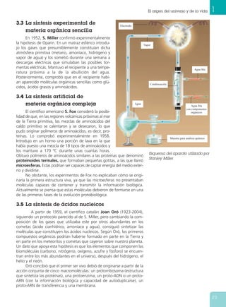 1El origen del universo y de la vida
23
3.3 La síntesis experimental de
materia orgánica sencilla
En 1952, S. Miller confirmó experimentalmente
la hipótesis de Oparin. En un matraz esférico introdu-
jo los gases que presumiblemente constituían dicha
atmósfera primitiva (metano, amoníaco, hidrógeno y
vapor de agua) y los sometió durante una semana a
descargas eléctricas que simulaban las posibles tor-
mentas eléctricas. Mantuvo el recipiente a una tempe-
ratura próxima a la de la ebullición del agua.
Posteriormente, comprobó que en el recipiente habí-
an aparecido moléculas orgánicas sencillas como glú-
cidos, ácidos grasos y aminoácidos.
3.4 La síntesis artificial de
materia orgánica compleja
El científico americano S. Fox consideró la posibi-
lidad de que, en las regiones volcánicas próximas al mar
de la Tierra primitiva, las mezclas de aminoácidos del
caldo primitivo se calentaron y se desecaron, lo que
pudo originar polímeros de aminoácidos, es decir, pro-
teínas. Lo comprobó experimentalmente en 1958.
Introdujo en un horno una porción de lava en la que
había puesto una mezcla de 18 tipos de aminoácidos y
los mantuvo a 170 ºC durante unas cuantas horas.
Obtuvo polímeros de aminoácidos similares a las proteínas que denominó
proteinoides termales, que formaban pequeñas gotitas, a las que llamó
microesferas. Estas podrían ser capaces de captar energía del medio exter-
no y dividirse.
No obstante, los experimentos de Fox no explicaban cómo se origi-
naría la primera estructura viva, ya que las microesferas no presentaban
moléculas capaces de contener y transmitir la información biológica.
Actualmente se piensa que estas moléculas debieron de formarse en una
de las primeras fases de la evolución protobiológica.
3.5 La síntesis de ácidos nucleicos
A partir de 1959, el científico catalán Joan Oró (1923-2004),
siguiendo un protocolo parecido al de S. Miller, pero cambiando la com-
posición de los gases que utilizaba este por otros abundantes en los
cometas (ácido cianhídrico, amoníaco y agua), consiguió sintetizar las
moléculas que constituyen los ácidos nucleicos. Según Oró, los primeros
compuestos orgánicos podrían haberse formado en parte en la Tierra y
en parte en los meteoritos y cometas que cayeron sobre nuestro planeta.
Un dato que apoya esta hipótesis es que los elementos que componen las
biomoléculas (carbono, nitrógeno, oxígeno, azufre y fósforo) se encuen-
tran entre los más abundantes en el universo, después del hidrógeno, el
helio y el neón.
Oró concibió que el primer ser vivo debió de originarse a partir de la
acción conjunta de cinco macromoléculas: un protorribosoma (estructura
que sintetiza las proteínas), una protoenzima, un proto-ADN o un proto-
ARN (con la información biológica y capacidad de autoduplicarse), un
proto-ARN de transferencia y una membrana.
Esquema del aparato utilizado por
Stanley Miller.
Electrodo
Vapor
Agua fría
NH2
CH4
H2
Agua fría
con componentes
orgánicos
Condensación
Agua
Muestra para análisis químico
 