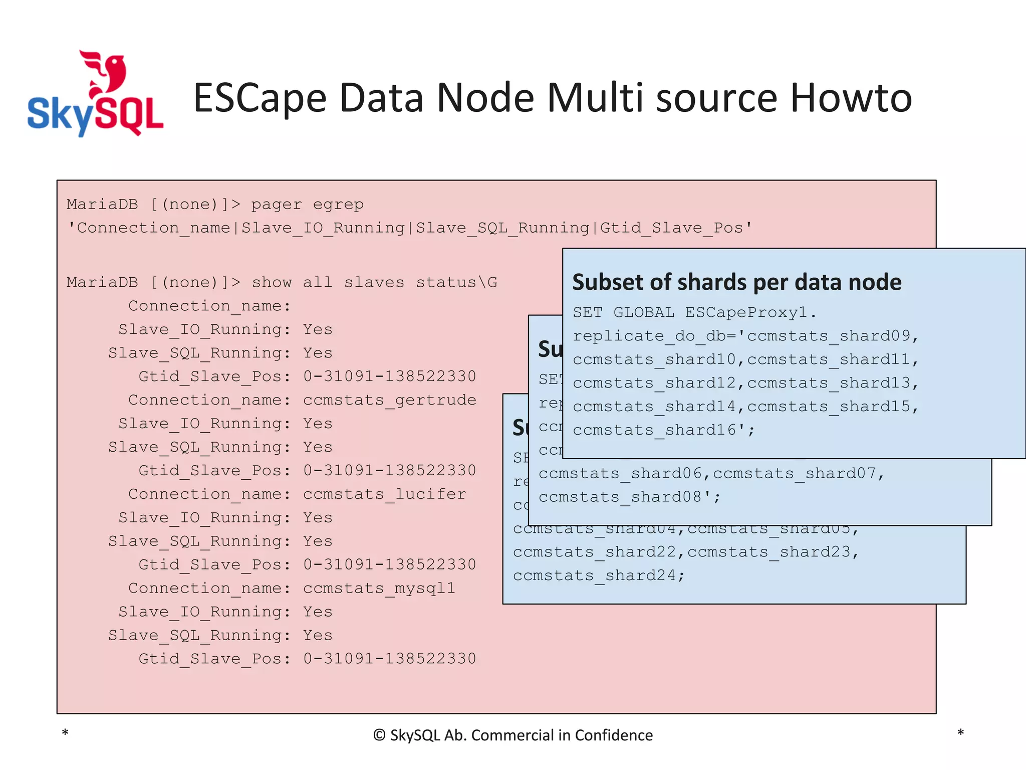 ESCape Data Node Multi source Howto
MariaDB [(none)]> pager egrep
'Connection_name|Slave_IO_Running|Slave_SQL_Running|Gtid_Slave_Pos'
MariaDB [(none)]> show
Connection_name:
Slave_IO_Running:
Slave_SQL_Running:
Gtid_Slave_Pos:
Connection_name:
Slave_IO_Running:
Slave_SQL_Running:
Gtid_Slave_Pos:
Connection_name:
Slave_IO_Running:
Slave_SQL_Running:
Gtid_Slave_Pos:
Connection_name:
Slave_IO_Running:
Slave_SQL_Running:
Gtid_Slave_Pos:

*

all slaves statusG
Yes
Yes
0-31091-138522330
ccmstats_gertrude
Yes
Yes
0-31091-138522330
ccmstats_lucifer
Yes
Yes
0-31091-138522330
ccmstats_mysql1
Yes
Yes
0-31091-138522330

Subset of shards per data node
SET GLOBAL ESCapeProxy1.
replicate_do_db='ccmstats_shard09,
Subset of shards per data node
ccmstats_shard10,ccmstats_shard11,
SET ccmstats_shard12,ccmstats_shard13,
GLOBAL ESCapeProxy1.
replicate_do_db='ccmstats_shard01,
ccmstats_shard14,ccmstats_shard15,
ccmstats_shard02,ccmstats_shard03,
ccmstats_shard16';
Subset of shards per data node
ccmstats_shard04,ccmstats_shard05,
SET GLOBAL ESCapeProxy1.
ccmstats_shard06,ccmstats_shard07,
replicate_do_db='ccmstats_shard01,
ccmstats_shard08';
ccmstats_shard02,ccmstats_shard03,
ccmstats_shard04,ccmstats_shard05,
ccmstats_shard22,ccmstats_shard23,
ccmstats_shard24;

© SkySQL Ab. Commercial in Confidence

*

 