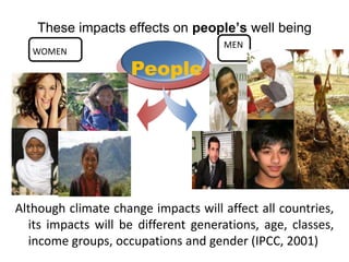 These impacts effects on people’s well beingPeopleMENWOMENAlthough climate change impacts will affect all countries, its impacts will be different generations, age, classes, income groups, occupations and gender (IPCC, 2001)