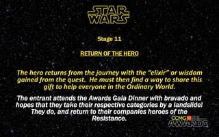 The hero returns from the journey with the “elixir” or wisdom
gained from the quest. He must then find a way to share this
gift to help everyone in the Ordinary World.
Stage 11
RETURN OF THE HERO
The entrant attends the Awards Gala Dinner with bravado and
hopes that they take their respective categories by a landslide!
They do, and return to their companies heroes of the
Resistance.
 