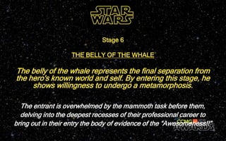The belly of the whale represents the final separation from
the hero's known world and self. By entering this stage, he
shows willingness to undergo a metamorphosis.
Stage 6
THE BELLY OF THE WHALE
The entrant is overwhelmed by the mammoth task before them,
delving into the deepest recesses of their professional career to
bring out in their entry the body of evidence of the “Awesomeness!!”
 